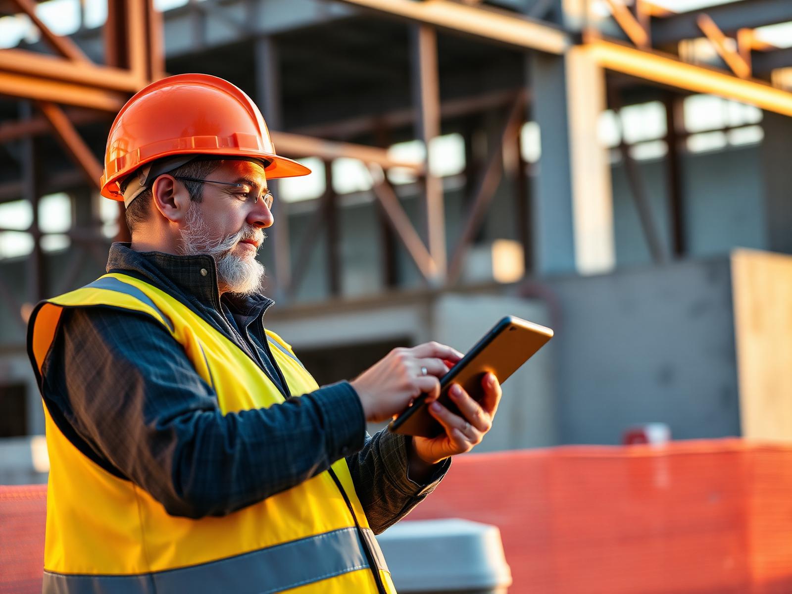 Construction foreman using Pilotis on a tablet at a steel-framed jobsite